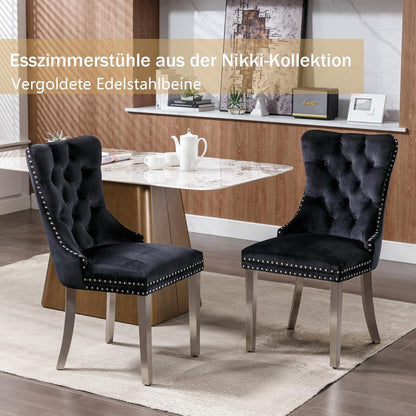 Samt Esszimmerstühle 2er Set mit Edelstahlbeinen Schwarz