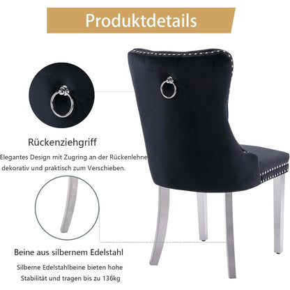 Samt Esszimmerstühle 2er Set mit Edelstahlbeinen Schwarz