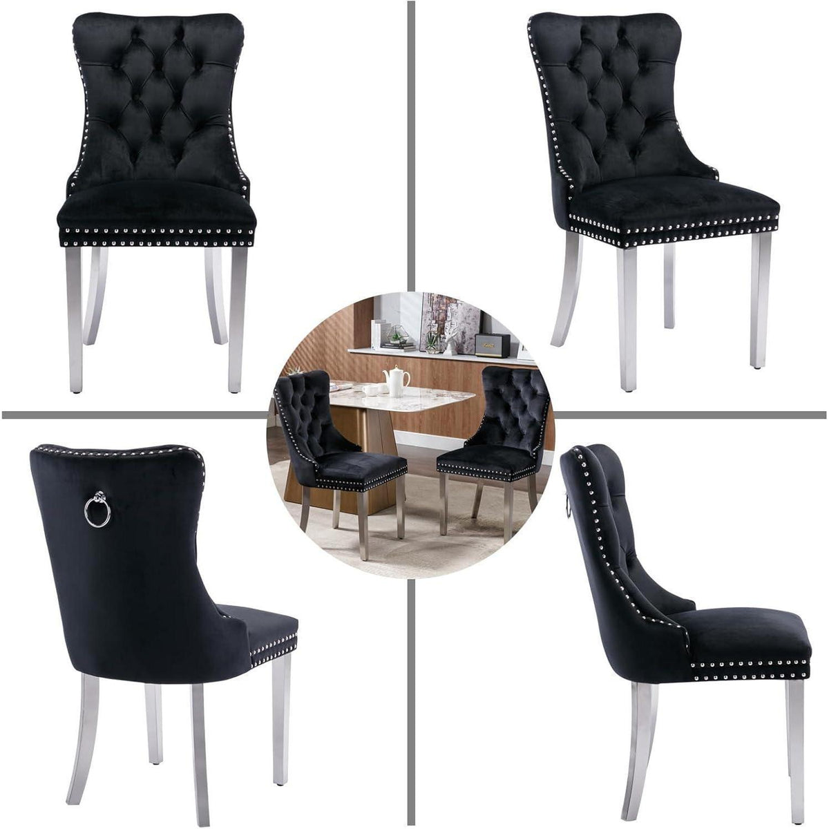 Samt Esszimmerstühle 2er Set mit Edelstahlbeinen Schwarz