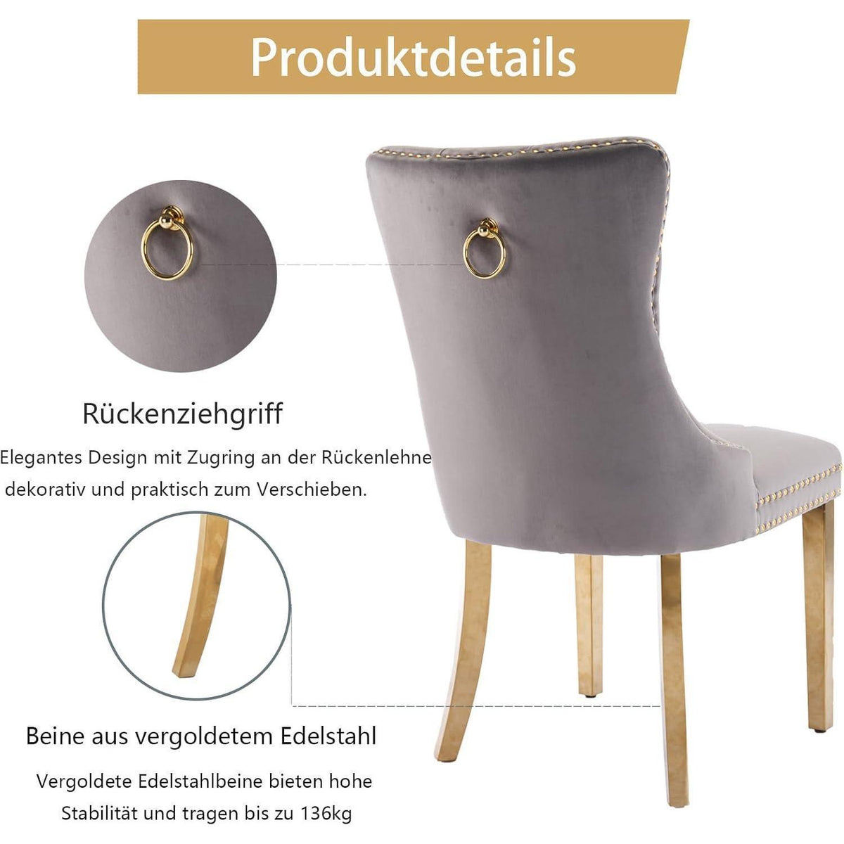 Samt Esszimmerstühle 2er Set mit goldenen Beinen