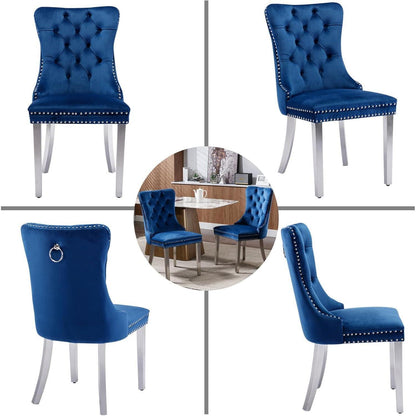 Samt Esszimmerstühle 2er Set mit Edelstahlbeinen (Blau)