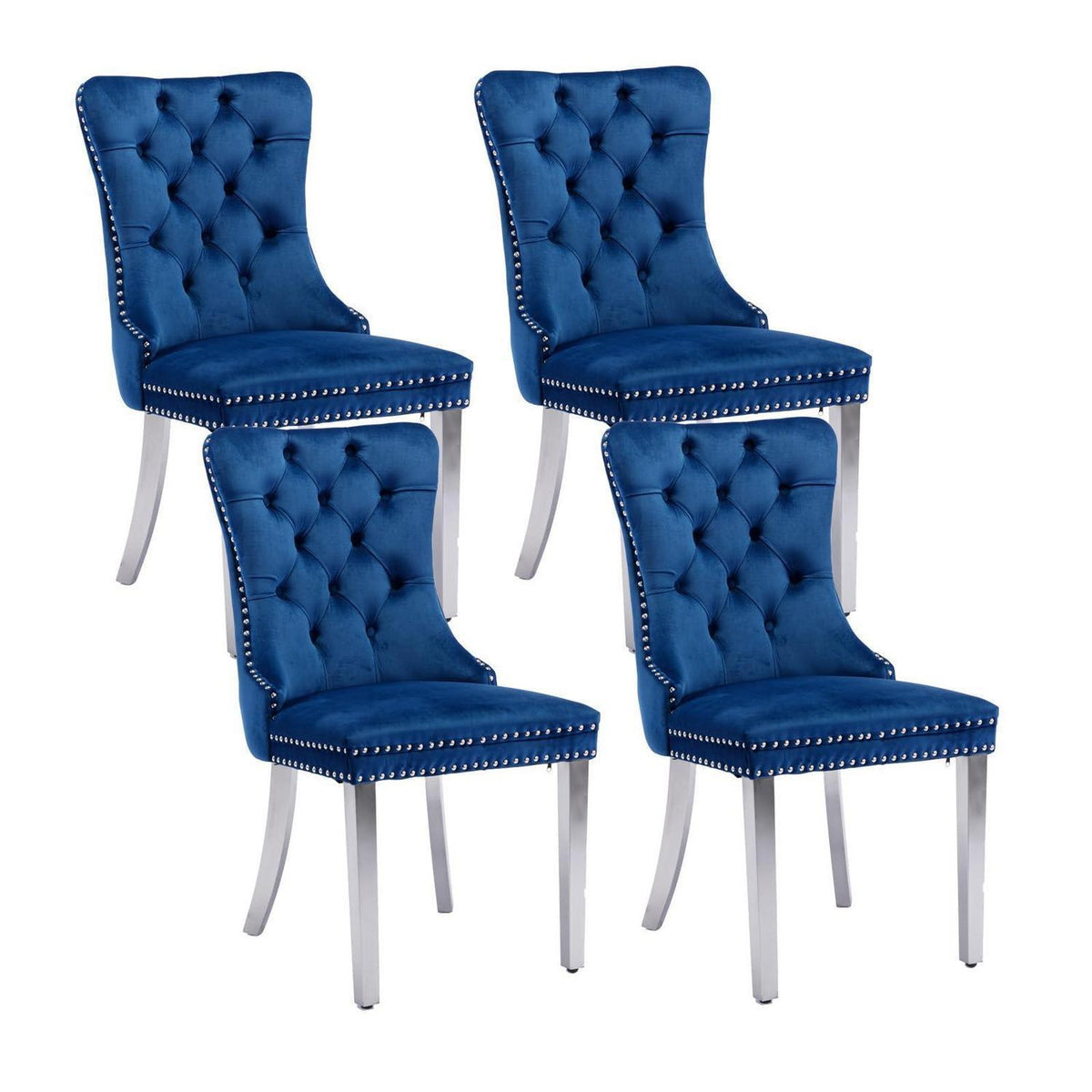 Samt Esszimmerstühle 4er Set mit Edelstahlbeinen (Blau)
