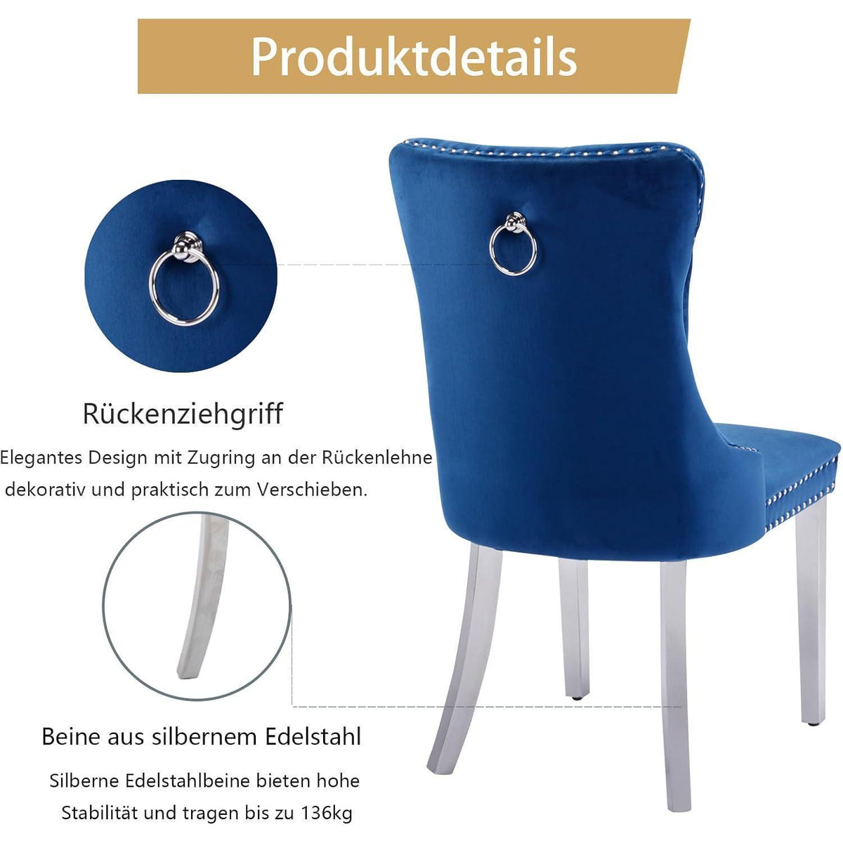 Samt Esszimmerstühle 4er Set mit Edelstahlbeinen (Blau)
