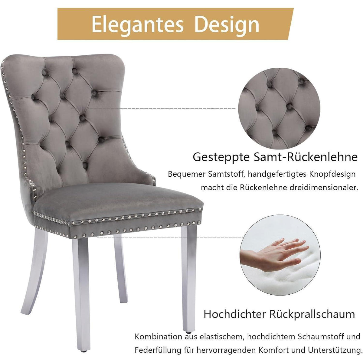Samt Esszimmerstühle 4er Set mit Edelstahlbeinen (Grau)