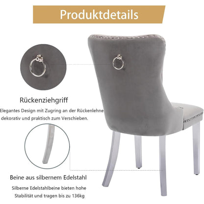 Gepolsterte Esszimmerstühle 2er-Set Grau mit Edelstahlbeinen