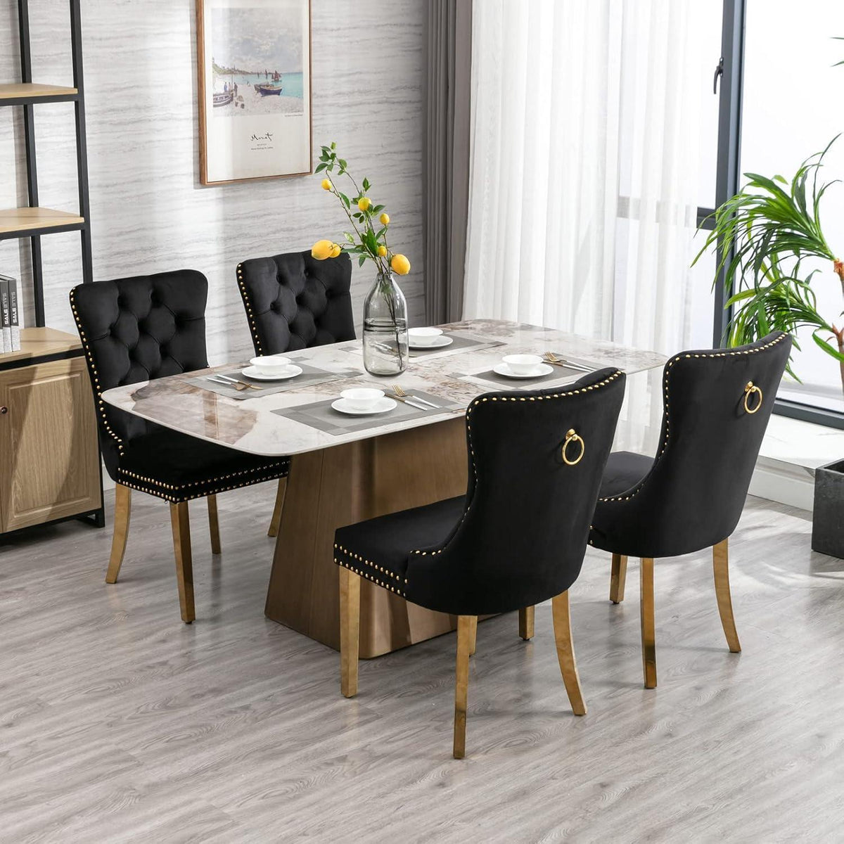 Samt Esszimmerstühle 6er Set mit goldenen Beinen