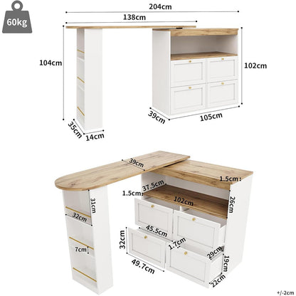 Klappbarer Esstisch mit Stauraum & Schublade – Weiß + Holz 138x104cm