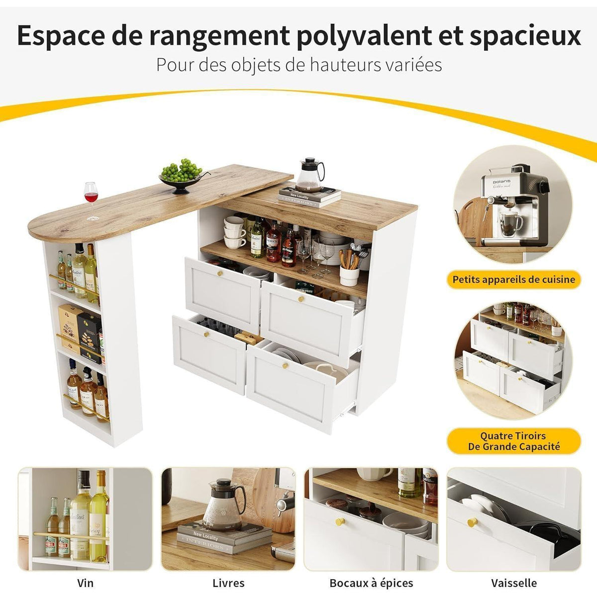 Klappbarer Esstisch mit Stauraum & Schublade – Weiß + Holz 138x104cm