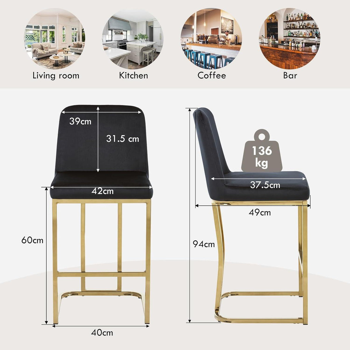Barhocker Set 4er – Samt, Goldbein, Schwarz