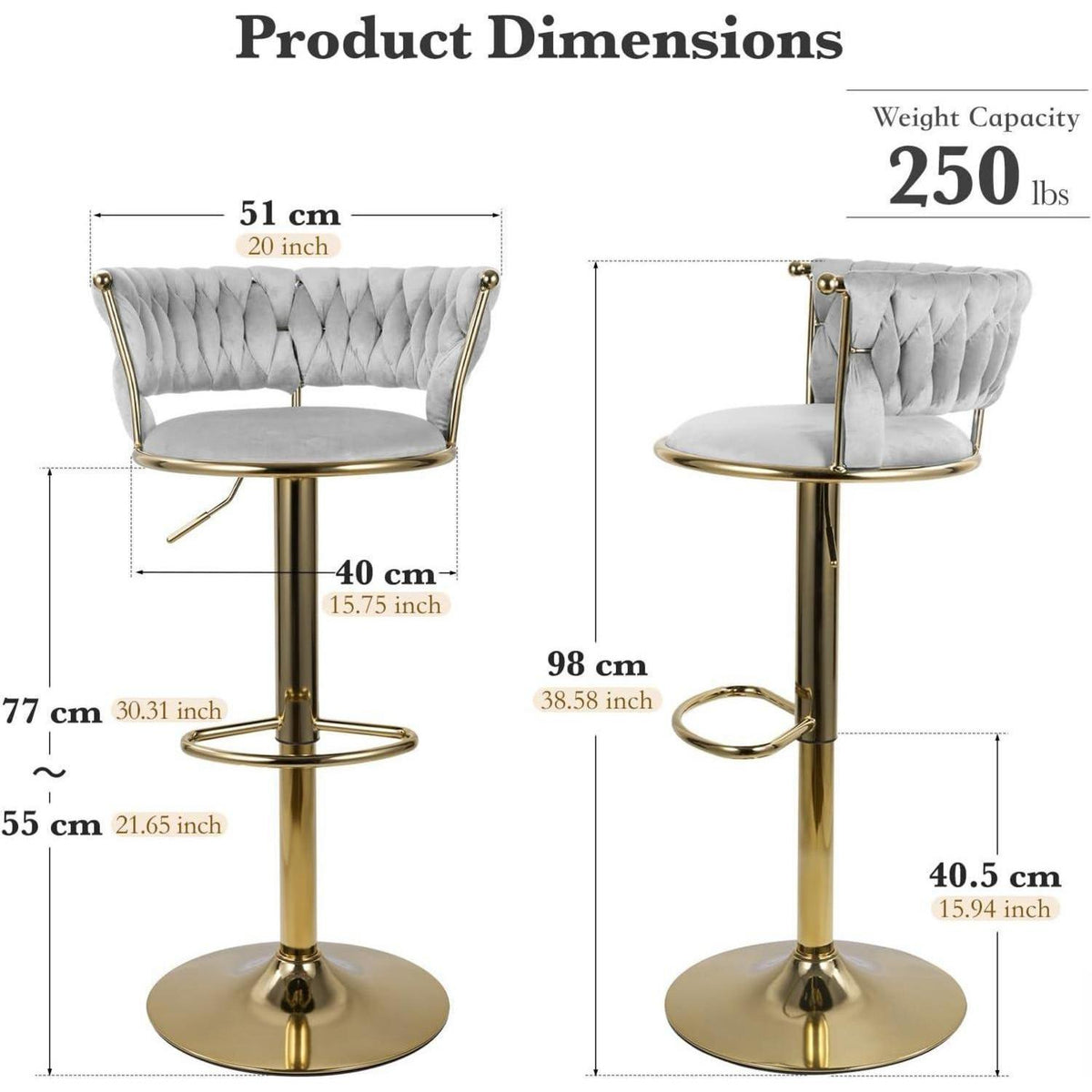 Barhocker Set 4er – Höhenverstellbar, Geflochtene Rückenlehne, Gold/Grau