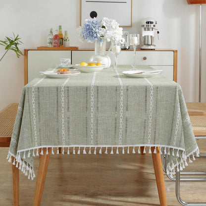 Grüne Baumwoll-Leinen Tischdecke mit Quasten | Rechteckig 140x180cm
