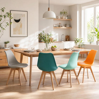 Skandinavische Esszimmerstühle 4er Set mit Sitzkissen & Holzbeinen