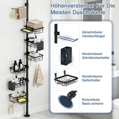 Teleskop Duschregal ohne Bohren mit 6 Körben & Handtuchstange