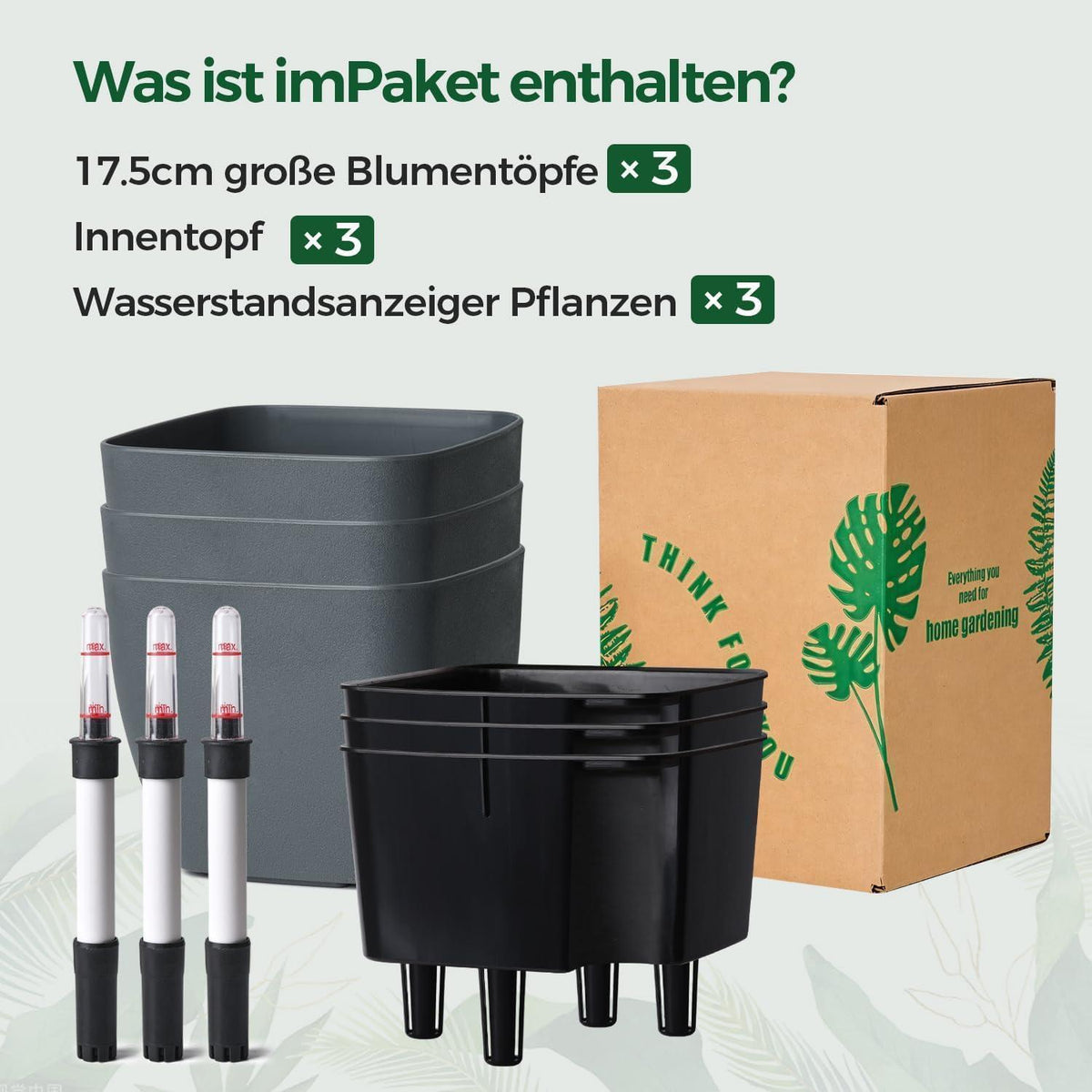 Selbstbewässerungstopf 17,5cm - Grau - 3er Set mit Wasseranzeige