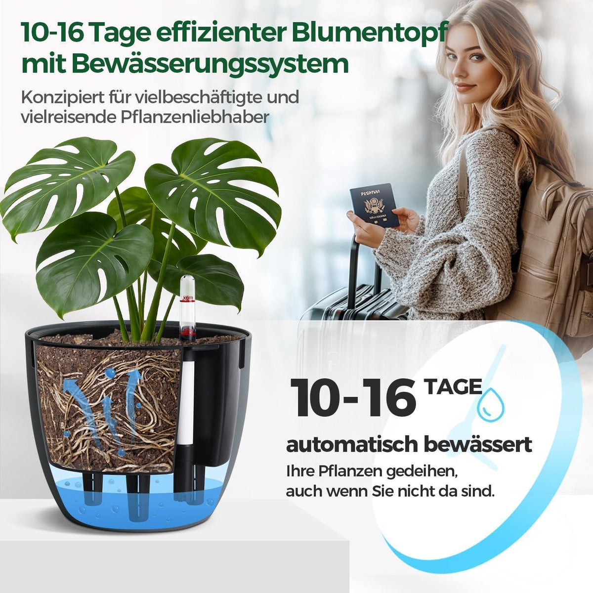 Selbstbewässerungstopf 20cm Grau mit Wasseranzeiger