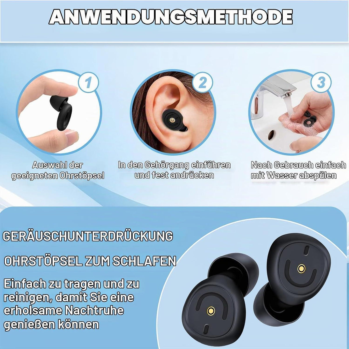 Schlaf Ohrstöpsel Silikon - 50dB Geräuschreduzierung Schwarz