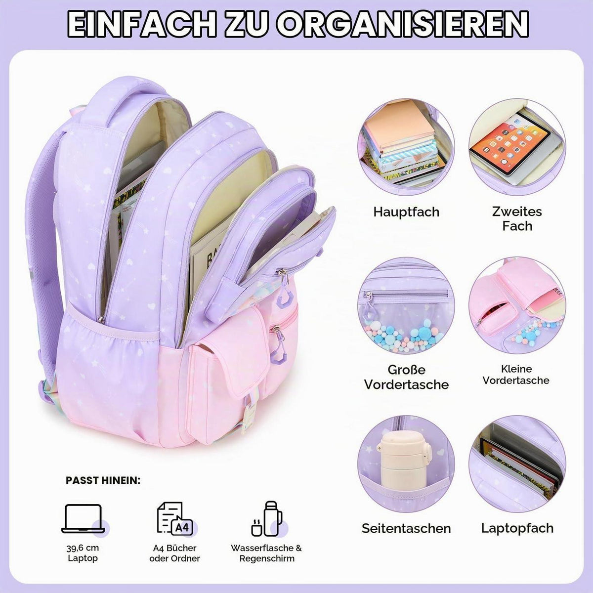 Schulrucksack Mädchen 1.-6. Klasse Rosa-Violett – Leicht & Ergonomisch