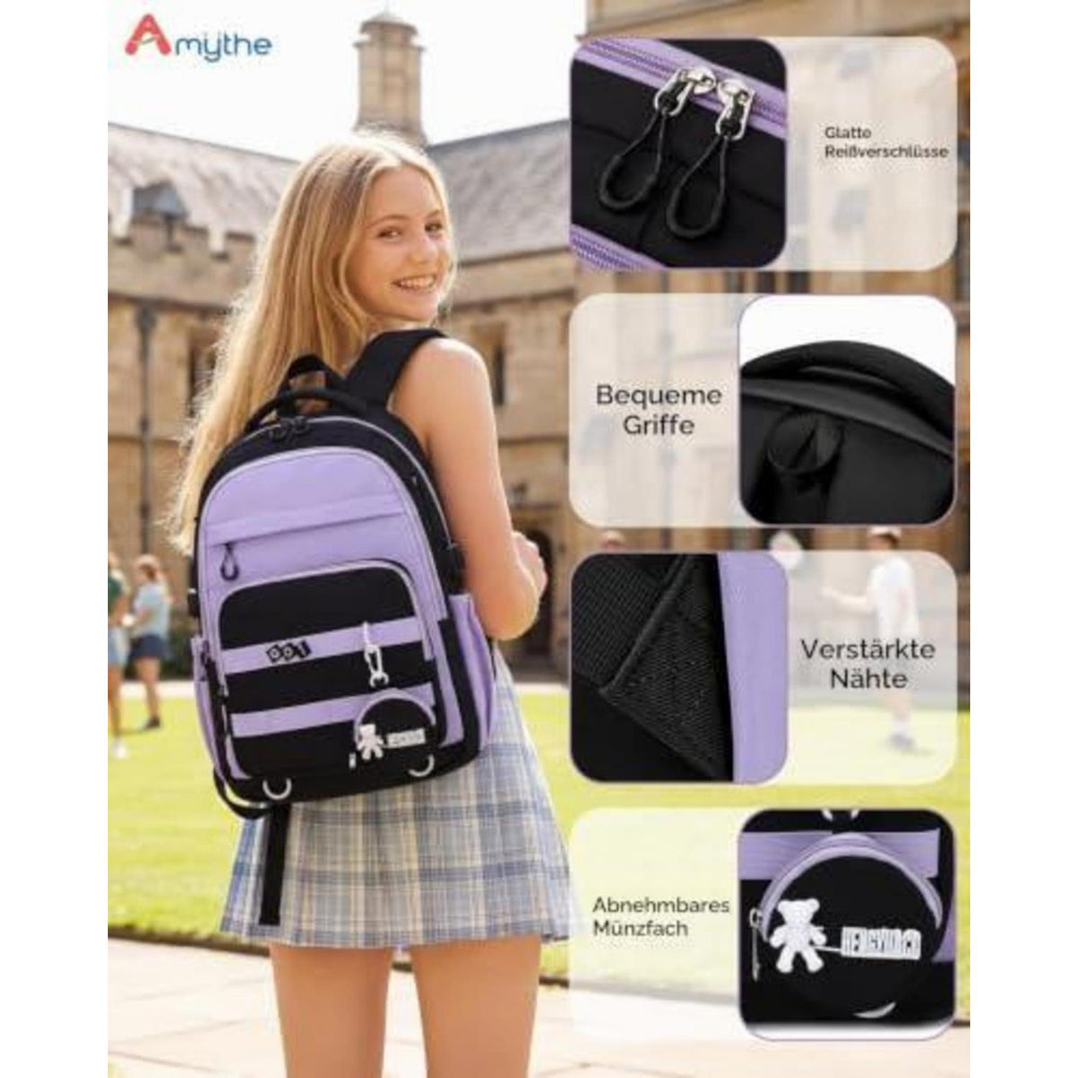 Schulrucksack Mädchen 3.-9. Klasse Schwarz-Lila | Trolley-Kompatibel & Wasserdicht