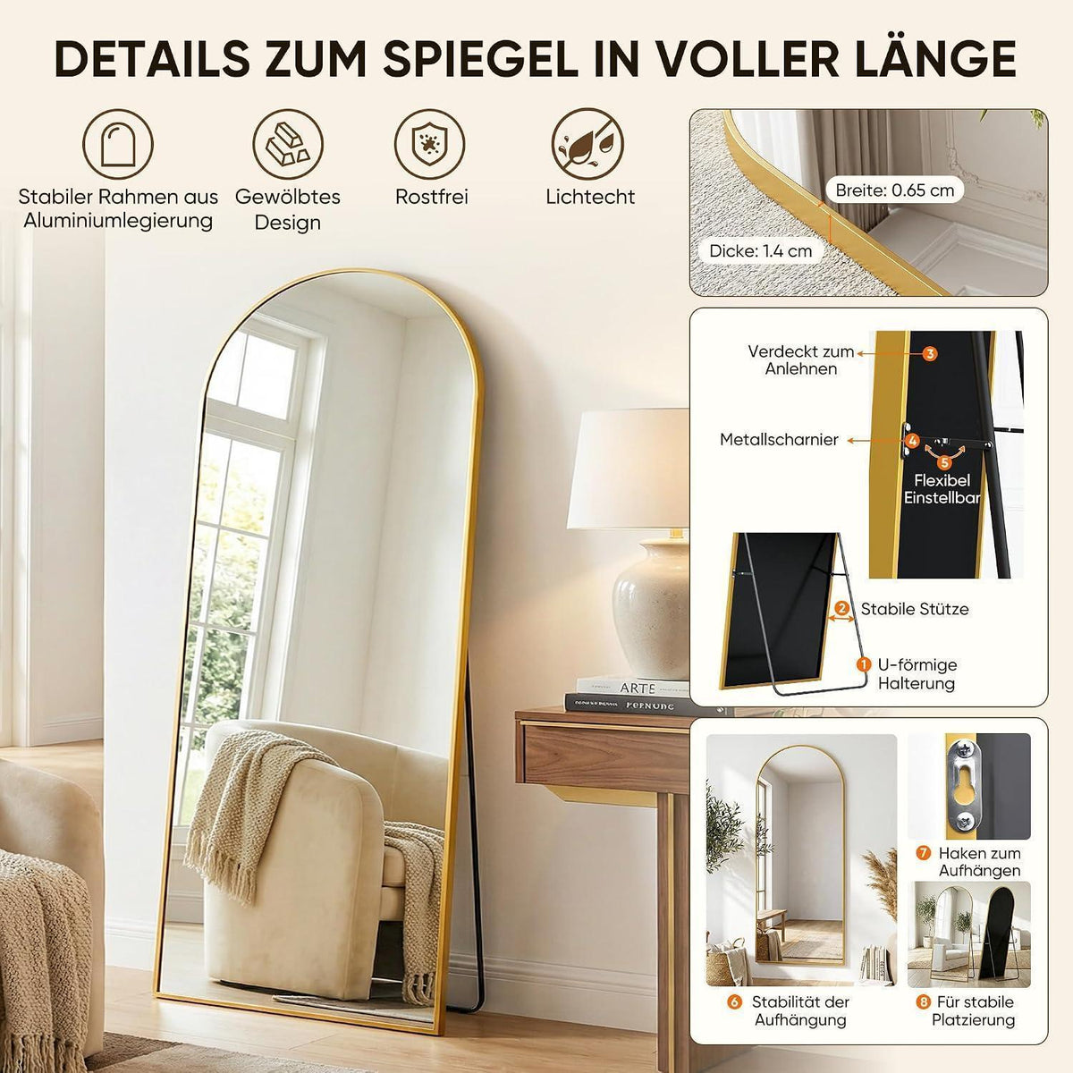 Ganzkörperspiegel gebogen, 180x68cm, Standspiegel Gold