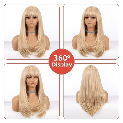 Lange blonde Perücke mit Pony – 22 Zoll, hitzebeständig