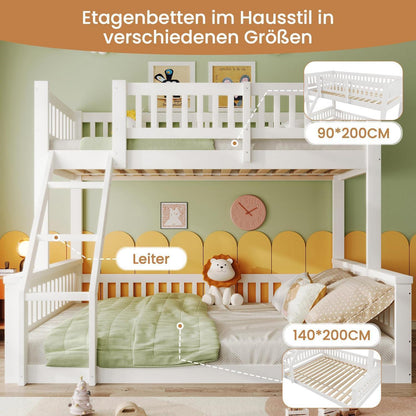 Oxtao Etagenbett 140x200 cm Hochbett mit Leiter und Rausfallschutz für 3 Kinder, Weiß, ohne Matratze