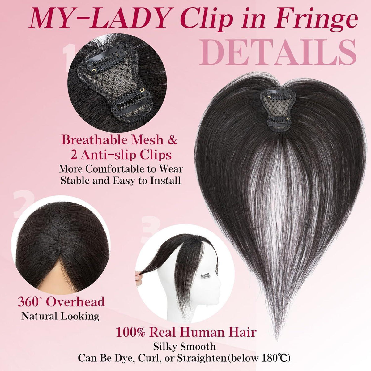Clip-in Pony Echthaar – Curtain Bangs 1B Schwarz