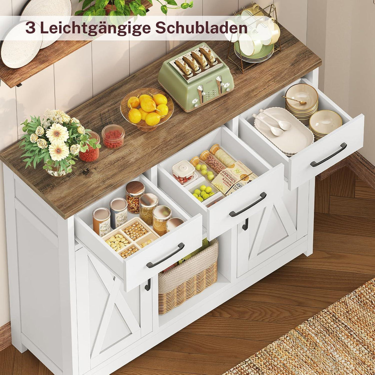 Sideboard mit Schubladen & Regalen – Weiß 90x30x80cm