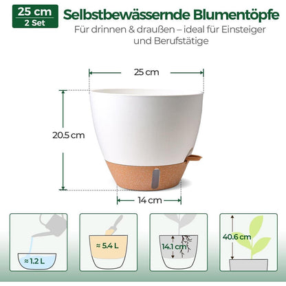 Selbstbewässernder Blumentopf 2er Set 25cm – Weiß