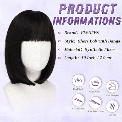 Kurze Bob Perücke mit Pony – Schwarz, 30cm, Synthetisch