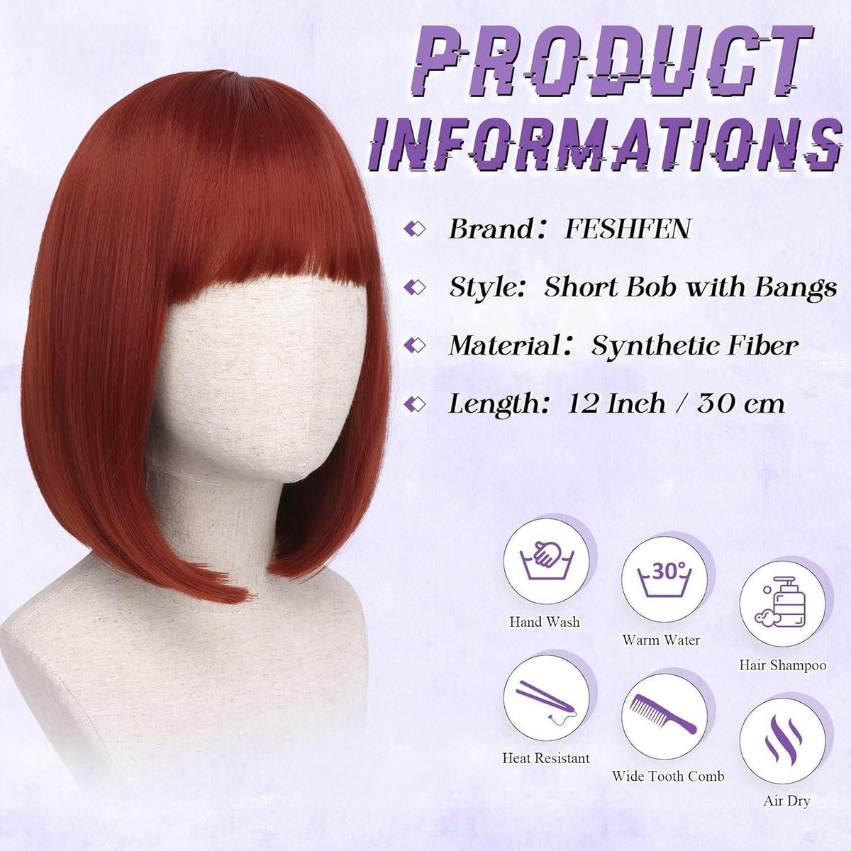 Kupferrote Bob Perücke mit Pony – 30cm Synthetik Perücke