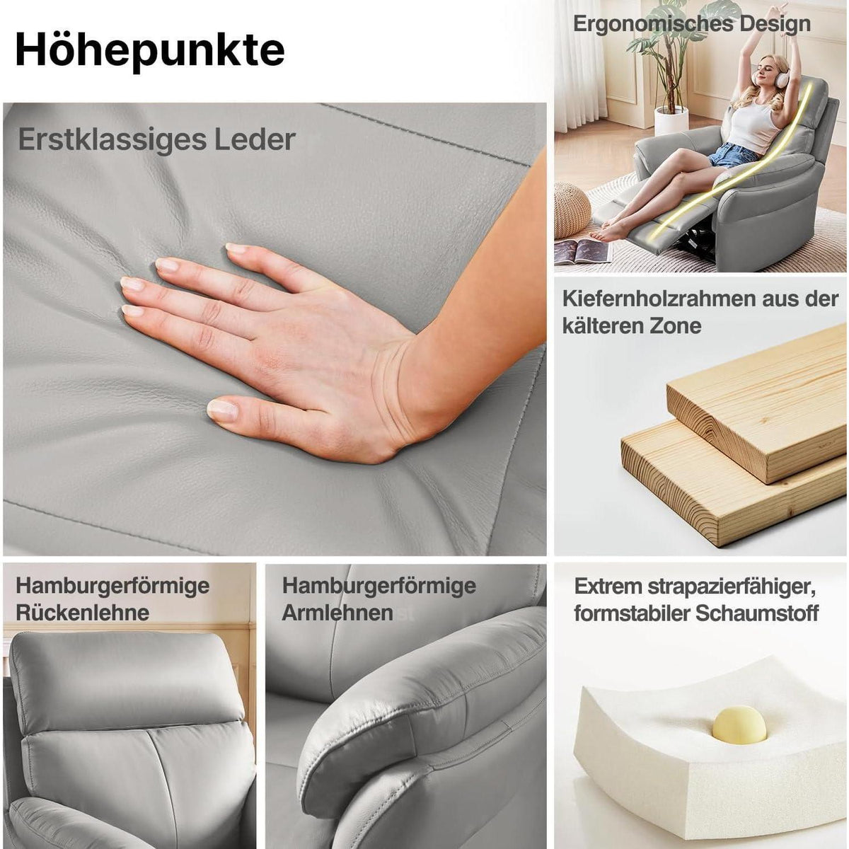 Echtleder Relaxsessel mit Liegefunktion – Komfortabler Fernsehsessel Grau
