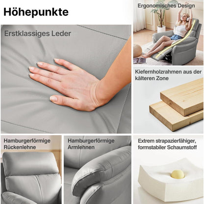 Echtleder Relaxsessel mit Liegefunktion – Komfortabler Fernsehsessel Grau