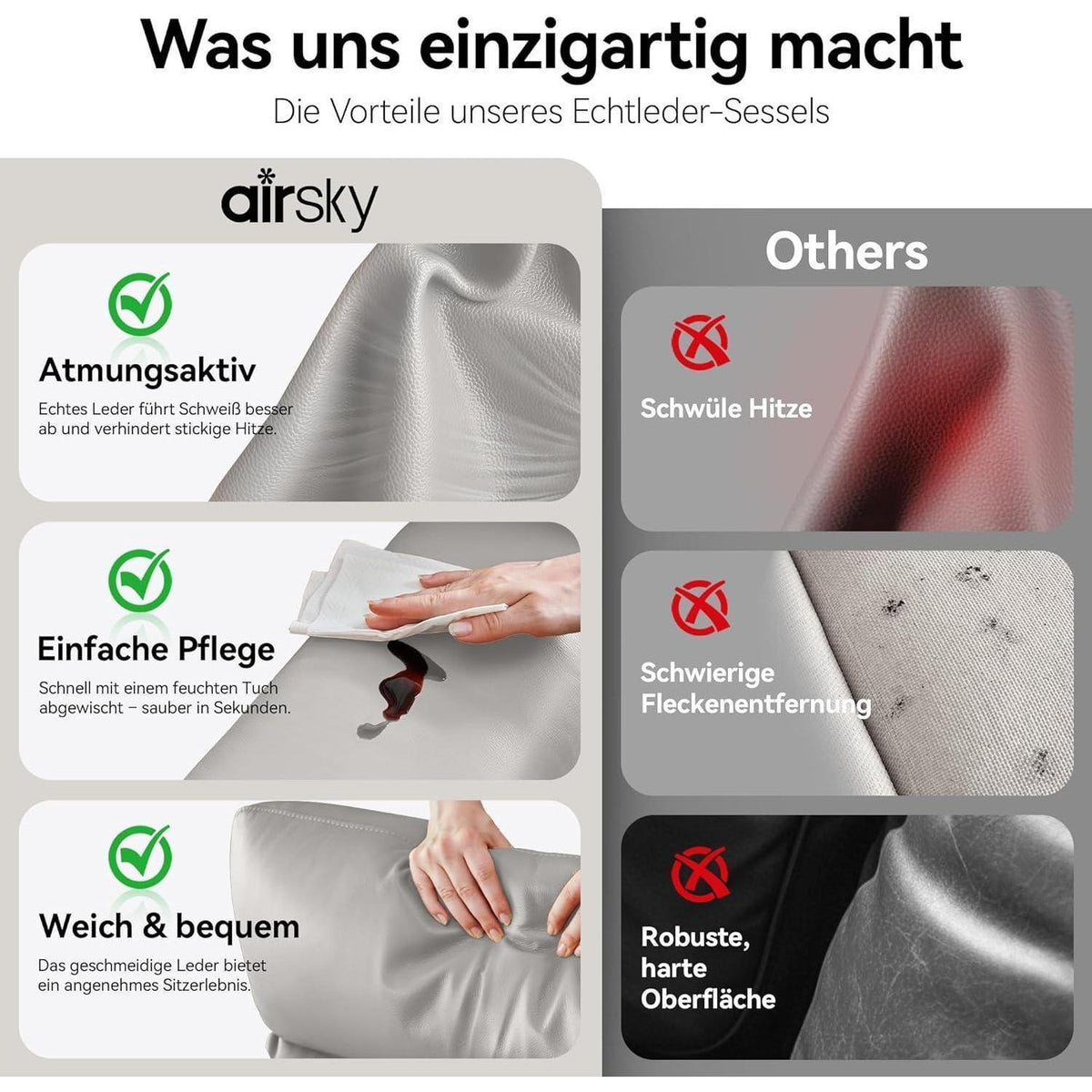 Echtleder Relaxsessel mit Liegefunktion – Komfortabler Fernsehsessel Grau