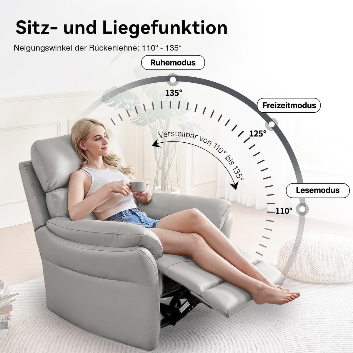Echtleder Relaxsessel mit Liegefunktion – Komfortabler Fernsehsessel Grau