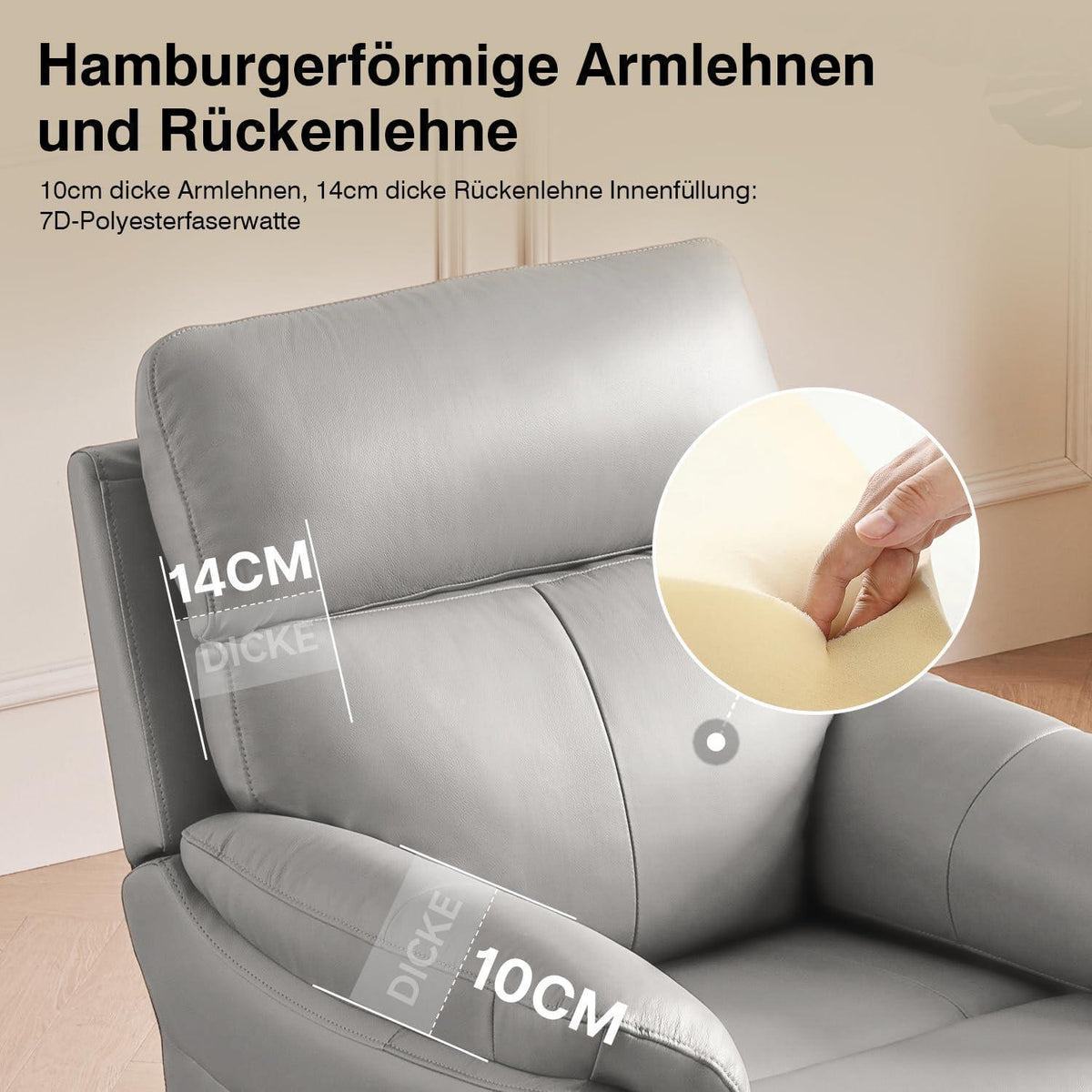 Echtleder Relaxsessel mit Liegefunktion – Komfortabler Fernsehsessel Grau