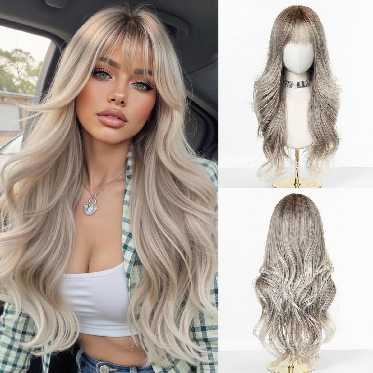 Lange blonde Wellenperücke mit Pony – Natürliches Synthetikhaar