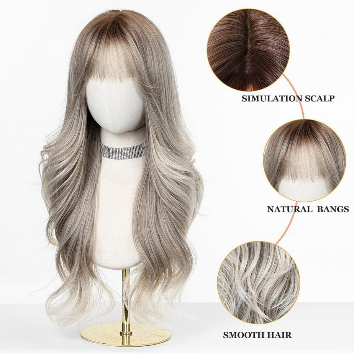 Lange blonde Wellenperücke mit Pony – Natürliches Synthetikhaar
