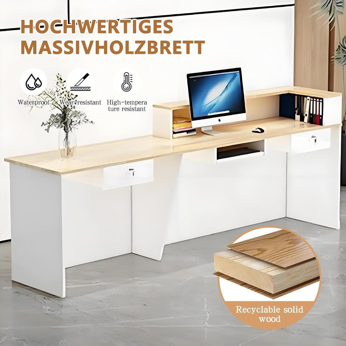 Moderne Empfangstheke mit Aufsatz – Weiß & Natürliches Holz