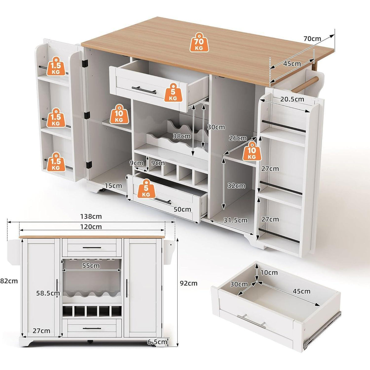 Küchenwagen mit Klappbarer Arbeitsplatte & Weinregal (Weiß)