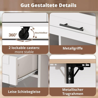 Küchenwagen mit Klappbarer Arbeitsplatte & Weinregal (Weiß)