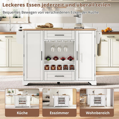 Küchenwagen mit Klappbarer Arbeitsplatte & Weinregal (Weiß)
