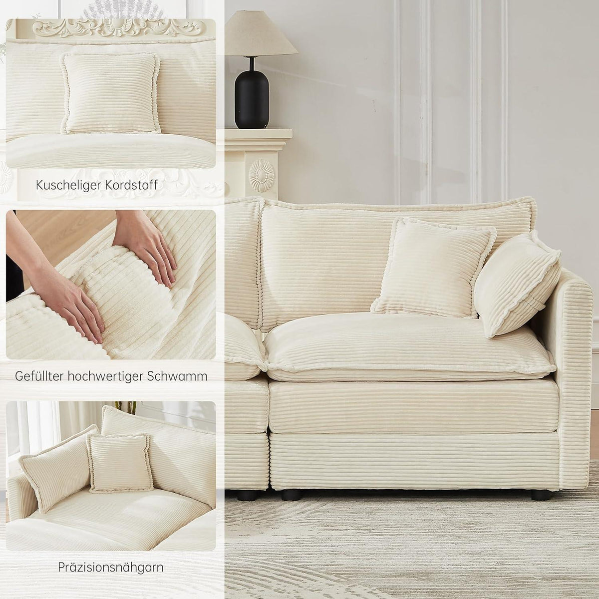 Modulares Ecksofa mit Schlaffunktion – Beige Cord L-Form
