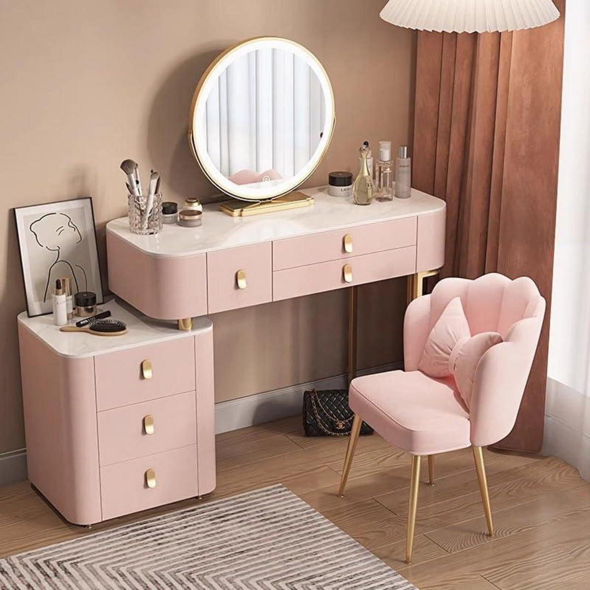Rosa Schminktisch Set mit Spiegel & Hocker – 100cm