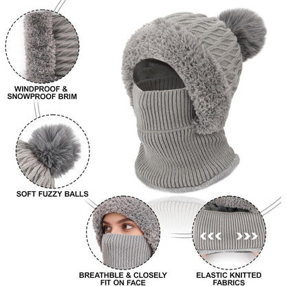 Thermo Strickmütze Damen 3in1 mit Schal & Fleece-Futter