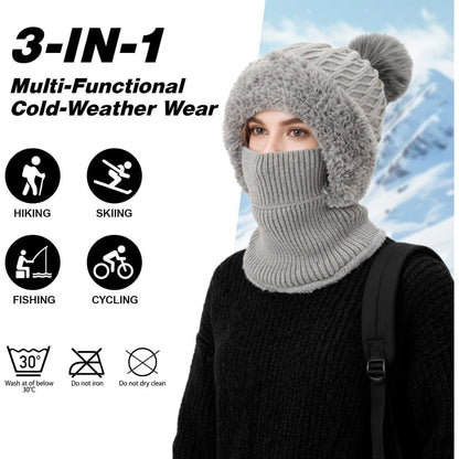 Thermo Strickmütze Damen 3in1 mit Schal & Fleece-Futter