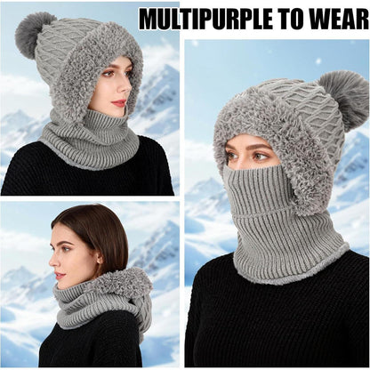 Thermo Strickmütze Damen 3in1 mit Schal & Fleece-Futter
