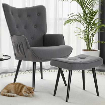 Gemütlicher Ohrensessel mit Hocker – Grau, Chenille & Ablagetasche
