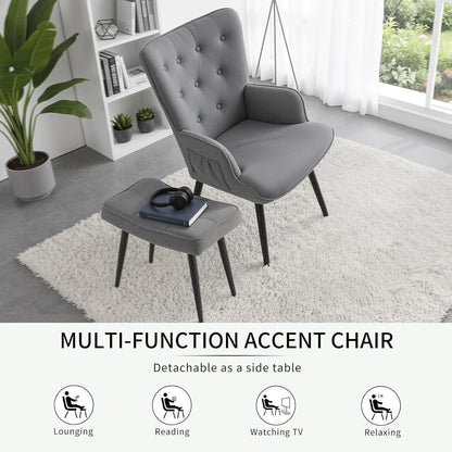 Gemütlicher Ohrensessel mit Hocker – Grau, Chenille & Ablagetasche