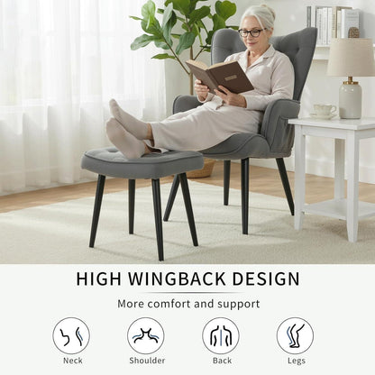 Gemütlicher Ohrensessel mit Hocker – Grau, Chenille & Ablagetasche