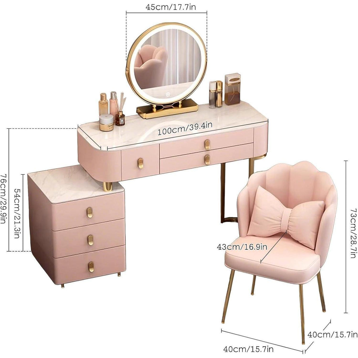 Rosa Schminktisch Set mit Spiegel & Stuhl – 100cm